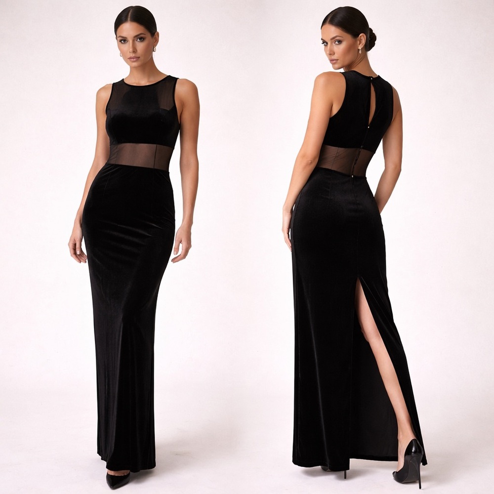 Vintage 90s Black Velvet Sheer Panels Floor Lenght Minimalist Evening Gown S